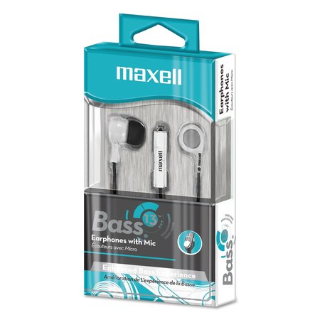 MAXELL B-13 Bass Earbuds with Microphone, White, 52" Cord 199725